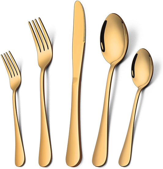 Turbid Golden Flatware Cutlery Set of 5 - Titanium Plated Stainless Steel Dinner Set, Kitchen Utensil Set with 1 Knife, 2 Forks, 2 Spoons - Elegant Fork and Spoon Set for Tableware