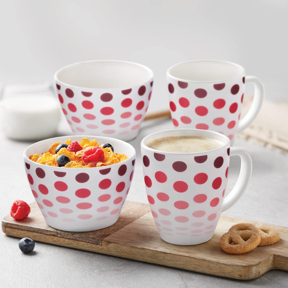 Larah by BOROSIL Polka Red Breakfast Set, 4 Piece Set (2 Cups & 2 Bowls) Microwave Safe, Chip Resistant, Red & White