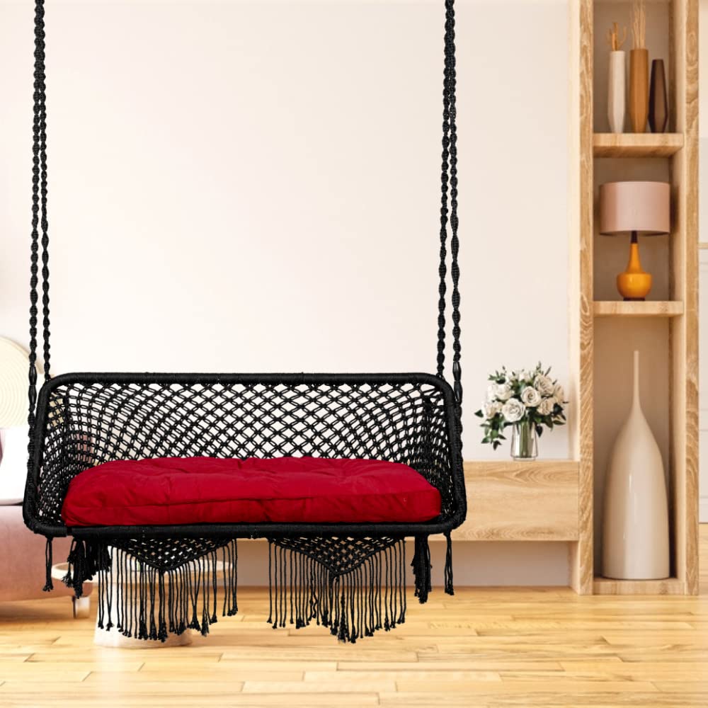 Patiofy Premium Large Double Seater Swing Hanging Hammock Swing Chair For 2 People/Jhula For Adults/2 Seater Swing For Balcony/Includes Free Hanging Kit & Cushion (Black) - Polyester