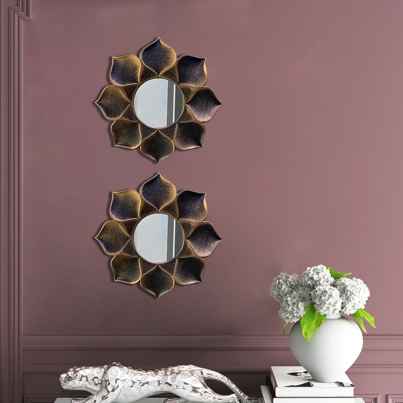 Art Street Lotus Petal Decorative Wall Mirror Set of 2, Wall Hanging Mirrors for Living Room Decoration (Size - 9 x 9 inch)