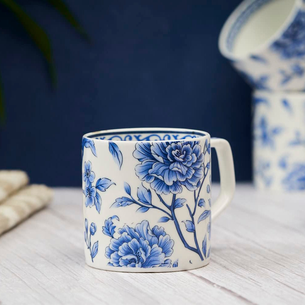 GOLDEN QUEEN'S Tea And Coffee Mugs - Set Of 6 Ceramic Microwave Safe (Blue Floral), 220 ML