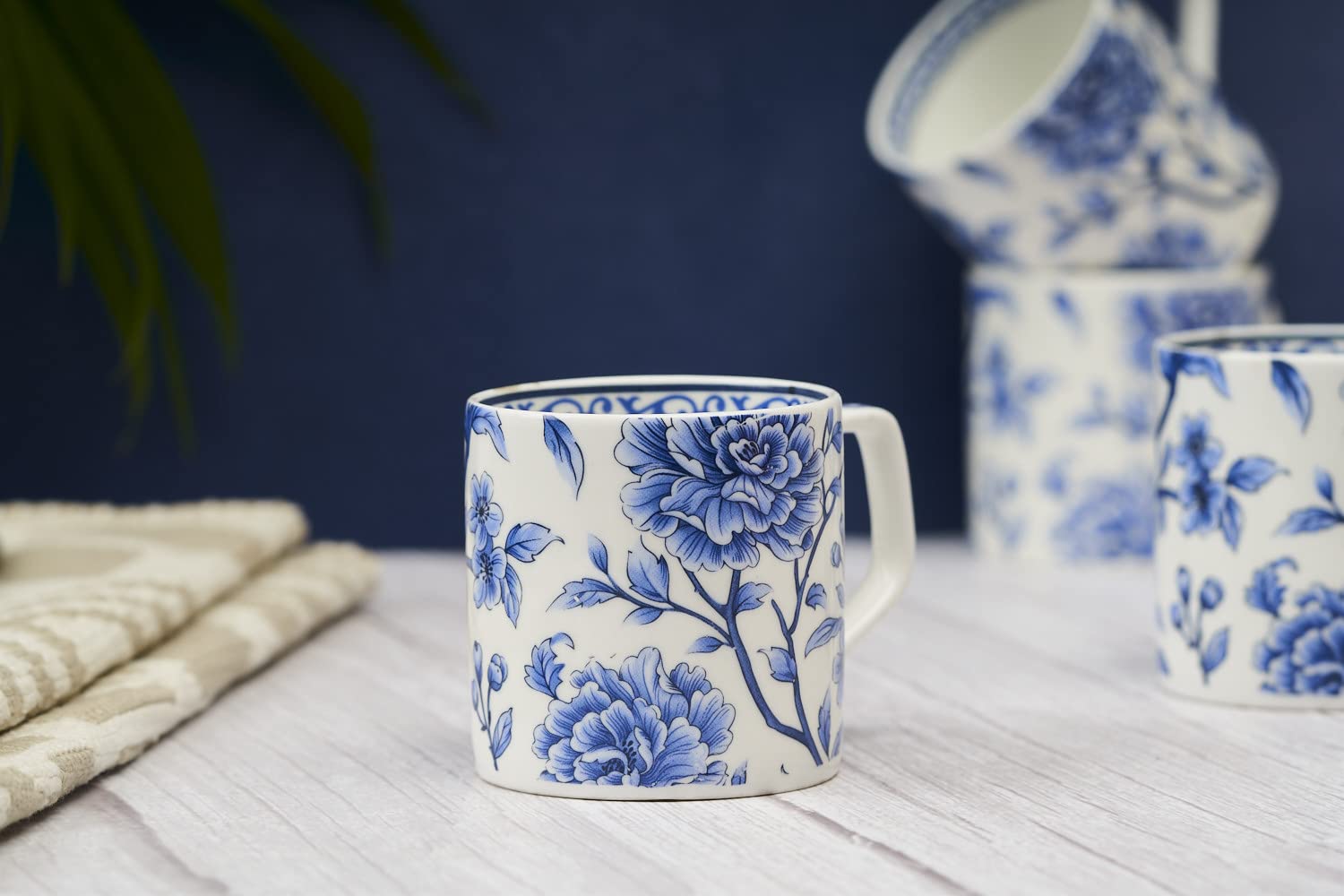 GOLDEN QUEEN'S Tea And Coffee Mugs - Set Of 6 Ceramic Microwave Safe (Blue Floral), 220 ML