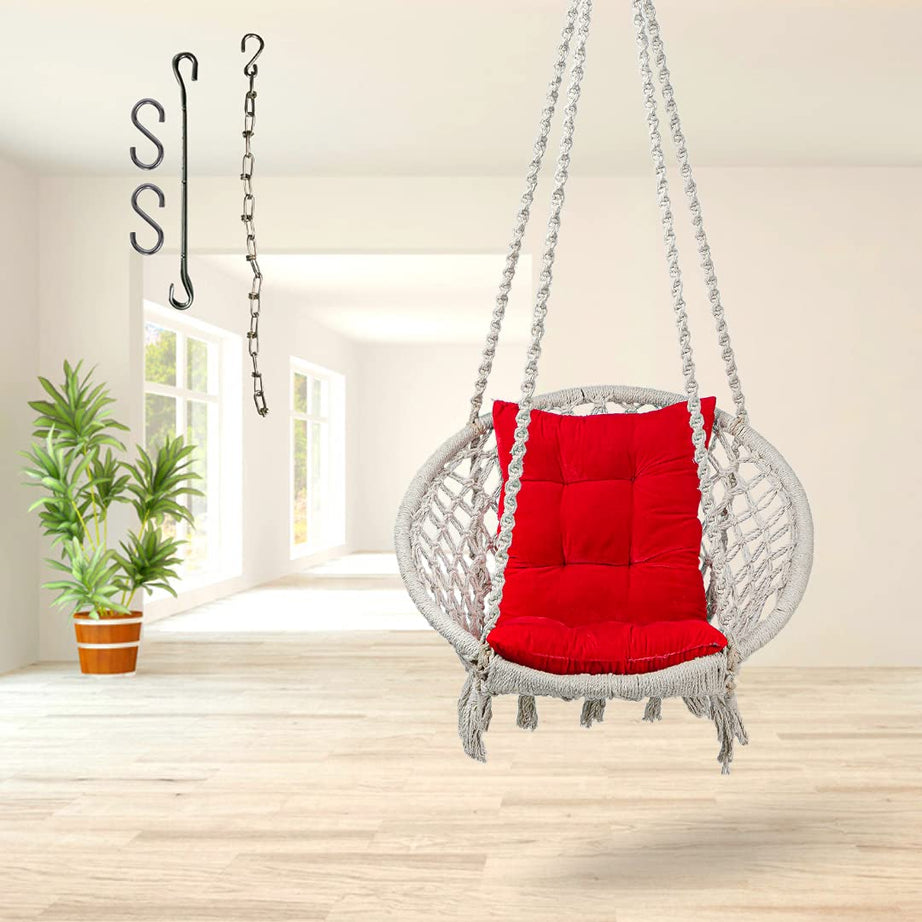 Curio Centre Make in India White Round Cotton Swing with L Shape Cushion & Chain Kit/Hammock Swing for Kids & Adults/Swing for Balcony/L-Cushion, Chain & Accessories Included (145x57x43 cm, White)