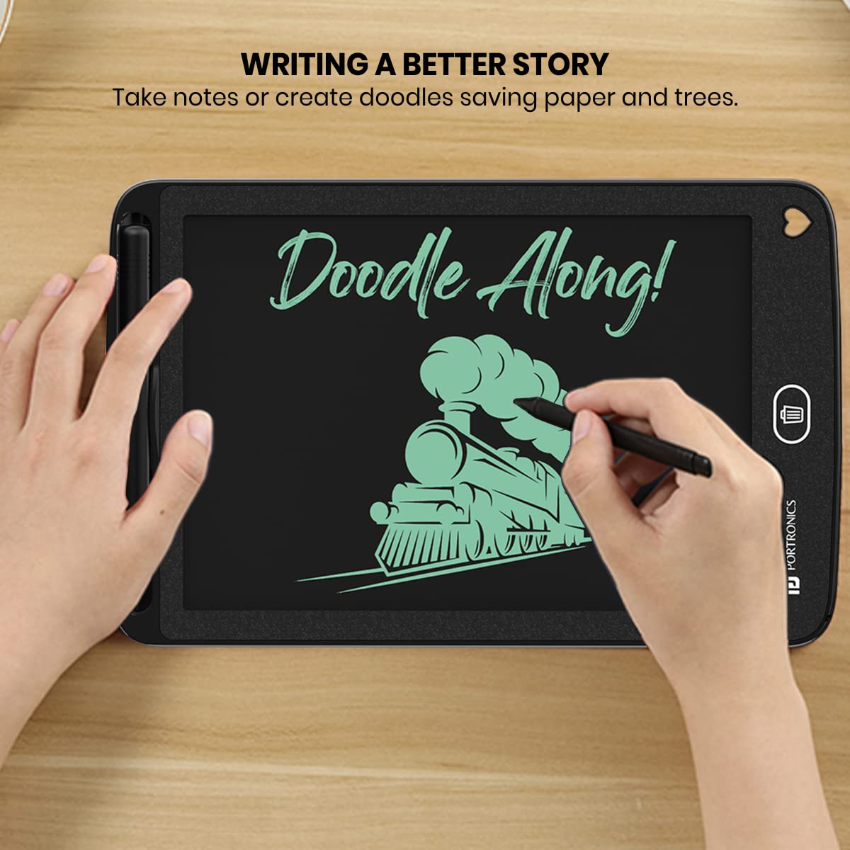 Portronics Ruffpad 8.5E Re-Writable LCD Writing Pad with Screen 21.5cm (8.5-inch) for Drawing, Playing, Handwriting Gifts for Kids & Adults, India's first notepad to save and share your child's first creatives via Ruffpad app on your Smartphone(Black)