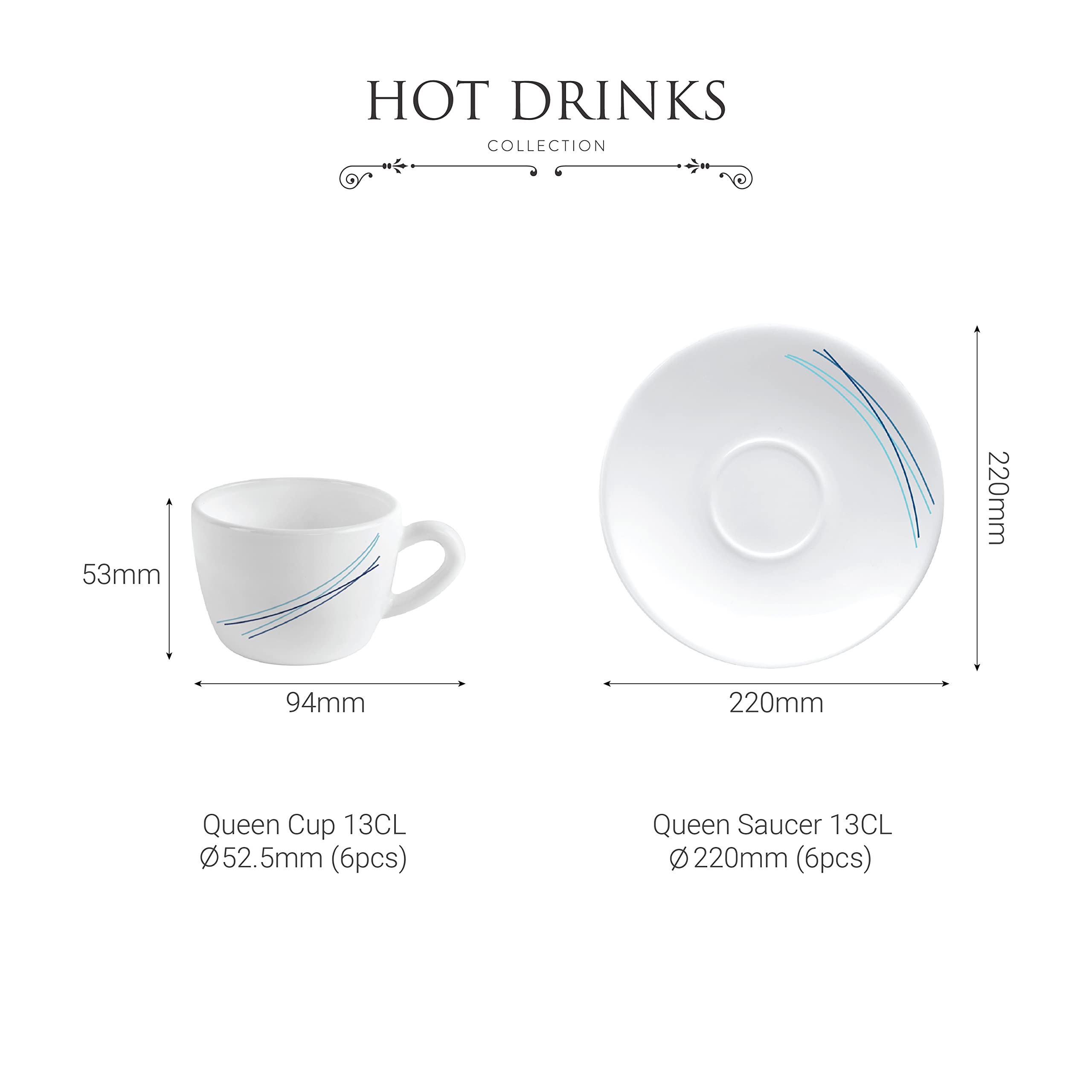 Cello Dazzle Queen Cup & Saucer 130 ml | Home and Kitchen Decor Items | Cups, Mugs and Saucer for Kitchen | Coffee Cup and Saucer Set | 6 Units | Cool Lines, White