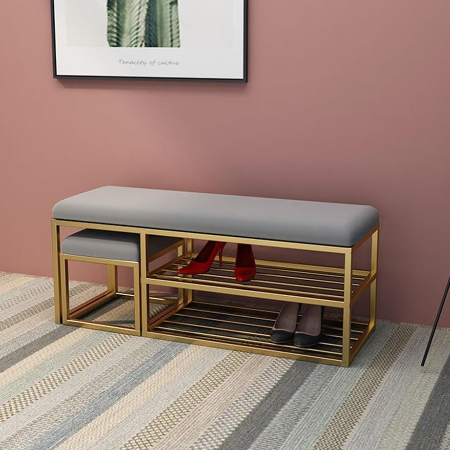 LIXERA Shoe Bench Entrance Area with Storage, Modern Shoe Storage Bench with Velvet Seat Rang Metal Shoe Rack, Storage Organizer for Living Room Hallway-Gold Grey