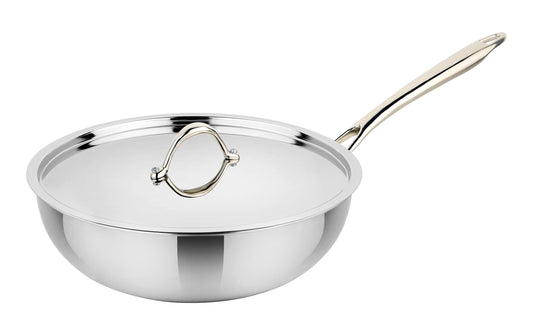 Prabha Stainless Steel Prima Wok, Included Lid, Kadhai for Kitchen, 28cm, 4.3 L Capacity, Steel Wok with Stay Cool Handle, Induction and Gas Stove Compatible