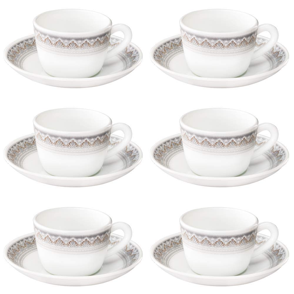 Larah by Borosil Opalware Classic Cup and Saucer Set, 145ml, 12-Pieces, White, HT12CS14CSC1, HT12CS14CSC1