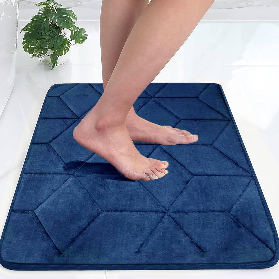 STATUS Memory Foam Bath Mat Rug, Ultra Soft and Non-Slip Bathroom Rugs, Water Absorbent and Machine Washable Bath Rug for Bathroom, Shower, and Tub, 16" x 24" (Blue)