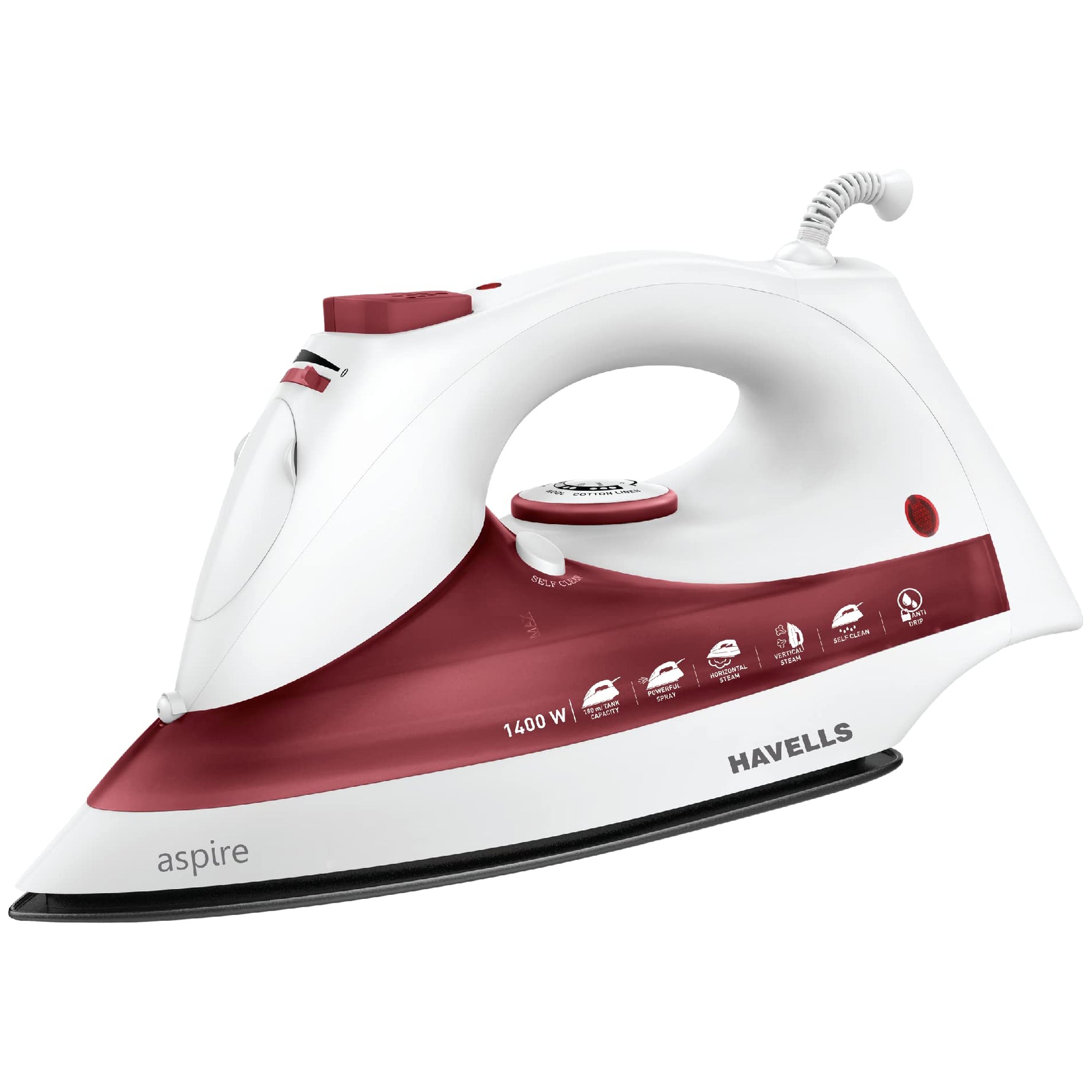 Havells ABS Aspire 1400 Watt Steam Iron Press With Precision Tip Sole Plate, Horizontal/Vertical Steam Burst, Self-Cleaning Function | Steam Burst | Anti Drip Function (Red), 1400 Watts