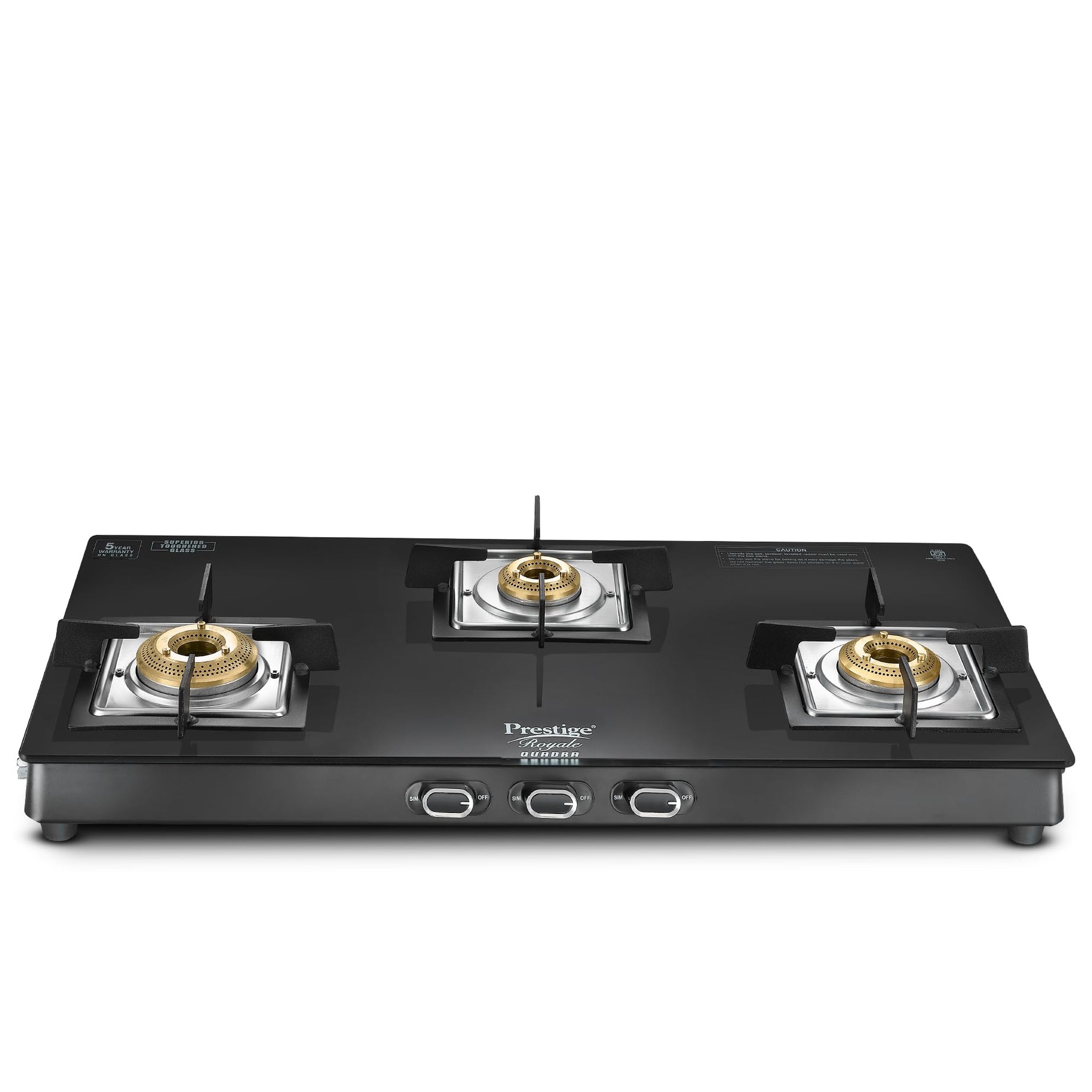 Prestige Royale Quadra 3 Burner Glasstop Glass Stove|Superior Toughened Glass with 5-Year Warranty| 3-Way Nozzle Design|Tri-Pin Jumbo Burner |Uniquely Designed Pan Support |Elegantly Designed Knobs