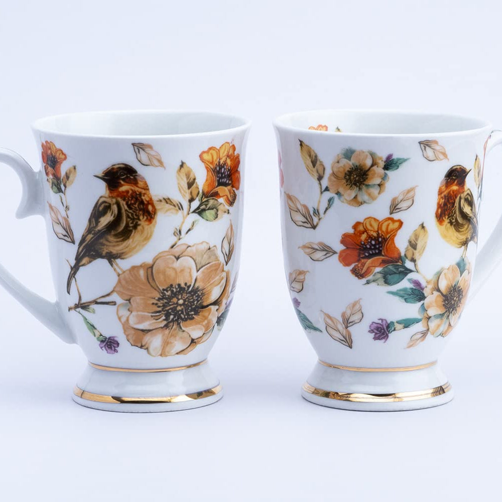 GOLDEN QUEEN'S Footed Series - Milk & Coffee Mug, 300 Ml - Set Of 2 (Multicolour - Bird) (Bone China), 300 Milliliter