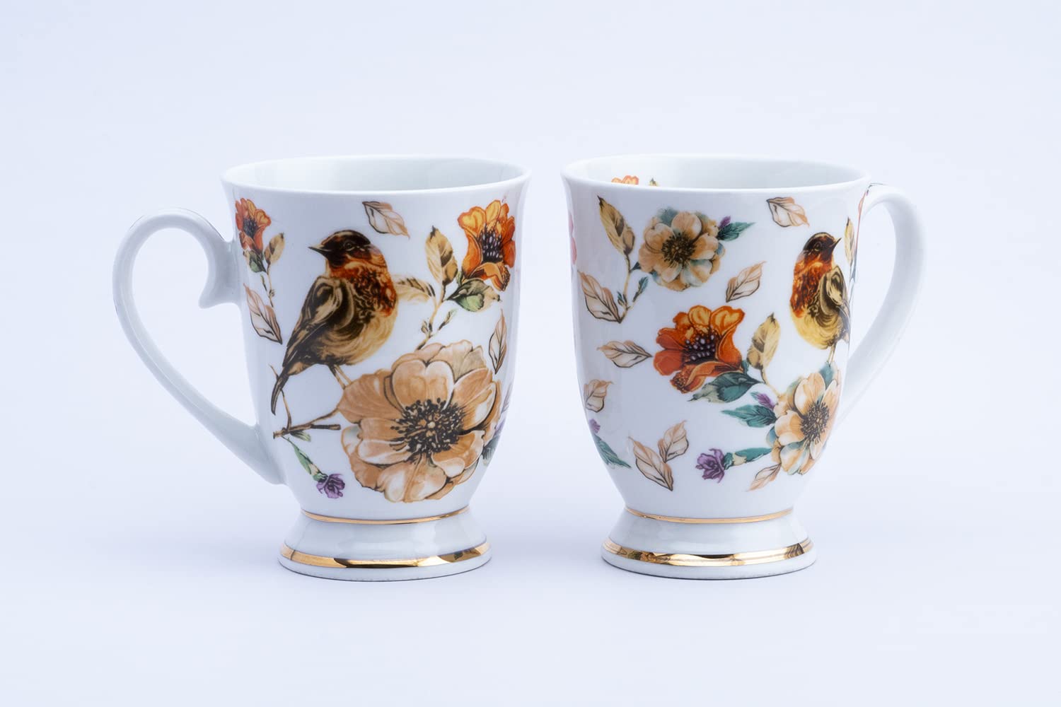 GOLDEN QUEEN'S Footed Series - Milk & Coffee Mug, 300 Ml - Set Of 2 (Multicolour - Bird) (Bone China), 300 Milliliter