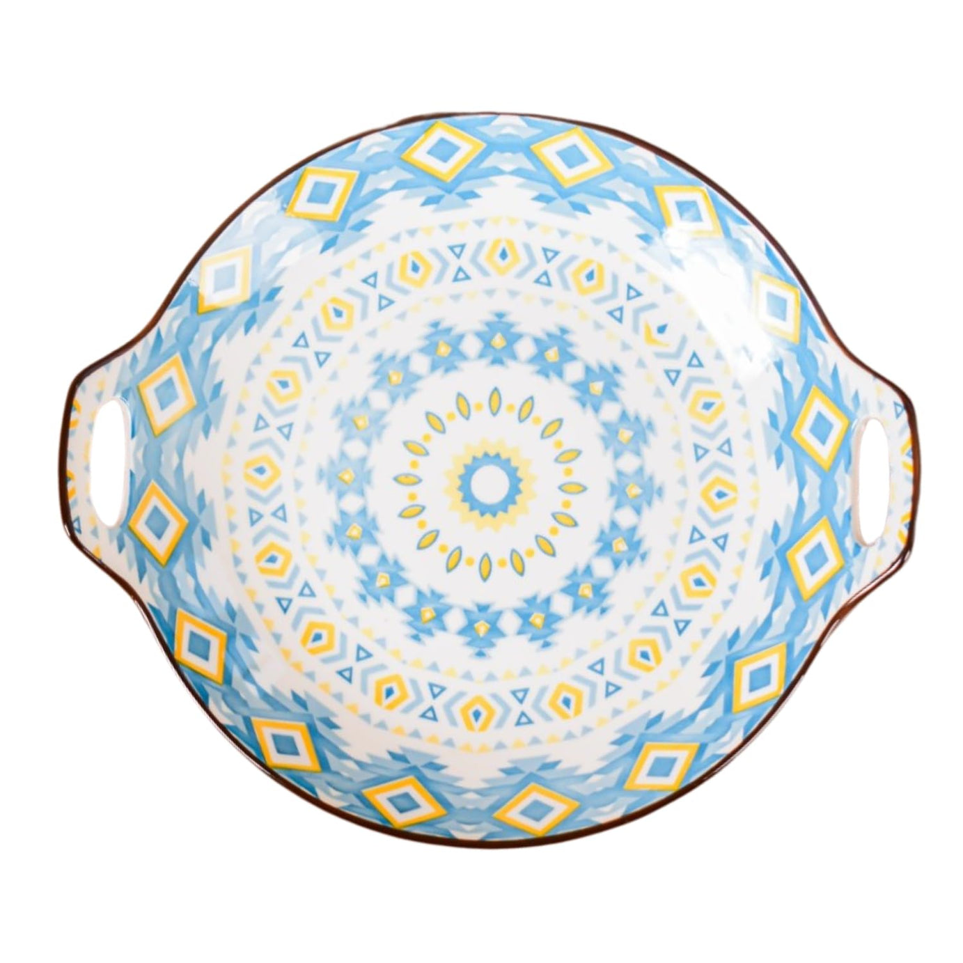 Nestasia Ceramic Round Dish with Handles for Serving Snacks, Appetizers, Salads, and Noodles, Spiral Mandala Pattern | Microwave Safe Platter, Dishwasher Safe (9.5 Inch), Sky Blue