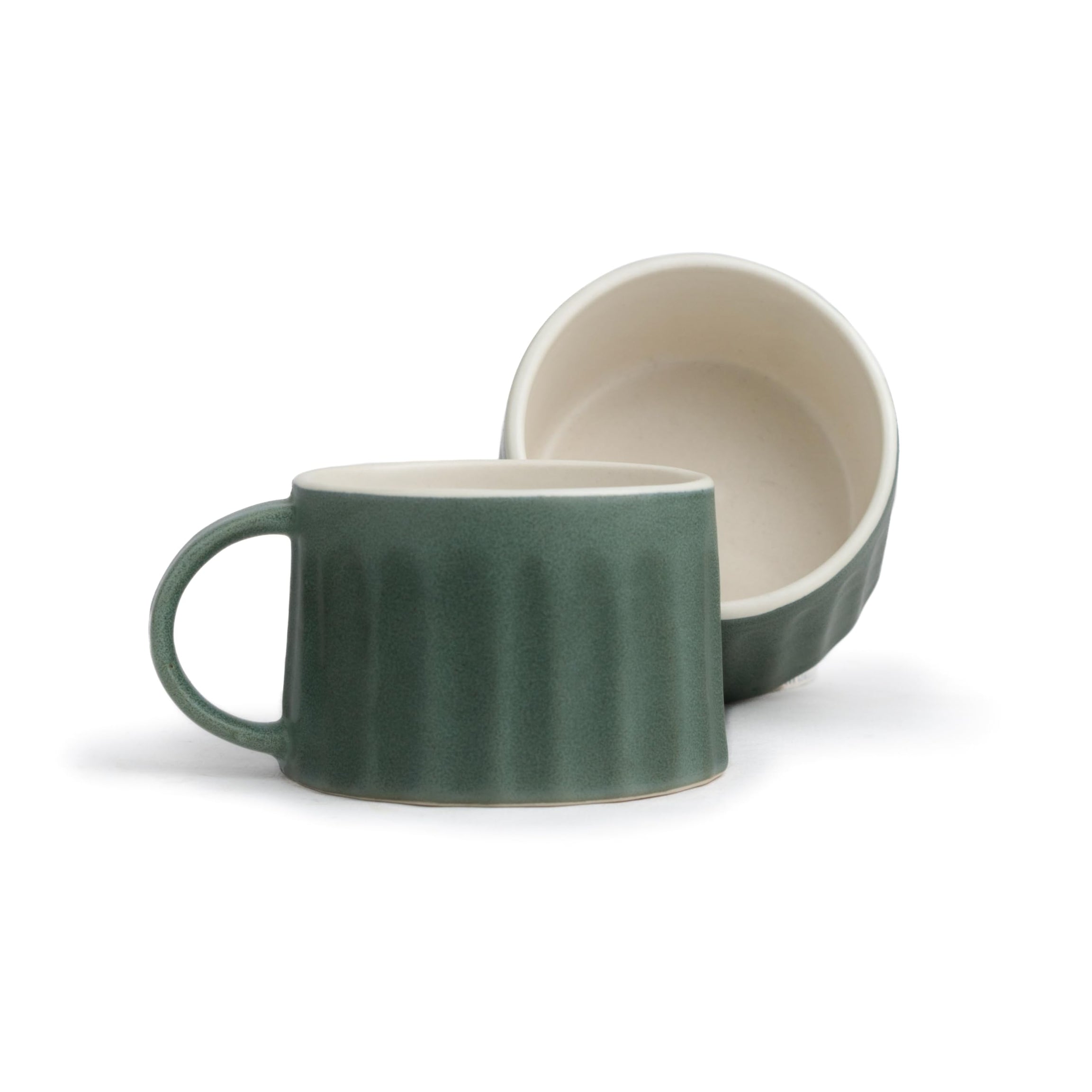 Shay Ceramic Line Cappuccino Cup, Set of 2, Rustic Green, 300ml | Cappuccino Cup | Matte Finish | Large Cup for Coffee | Premium Stoneware Coffee Cup | Microwave Safe (Line Cappuccino - Rustic Green)