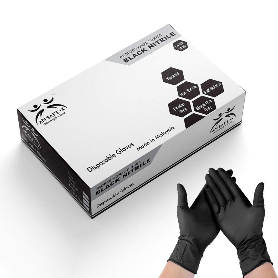 AM Safe x Nitrile Powder-free Examination Gloves (Medium, Black) -pack of 100 Pieces