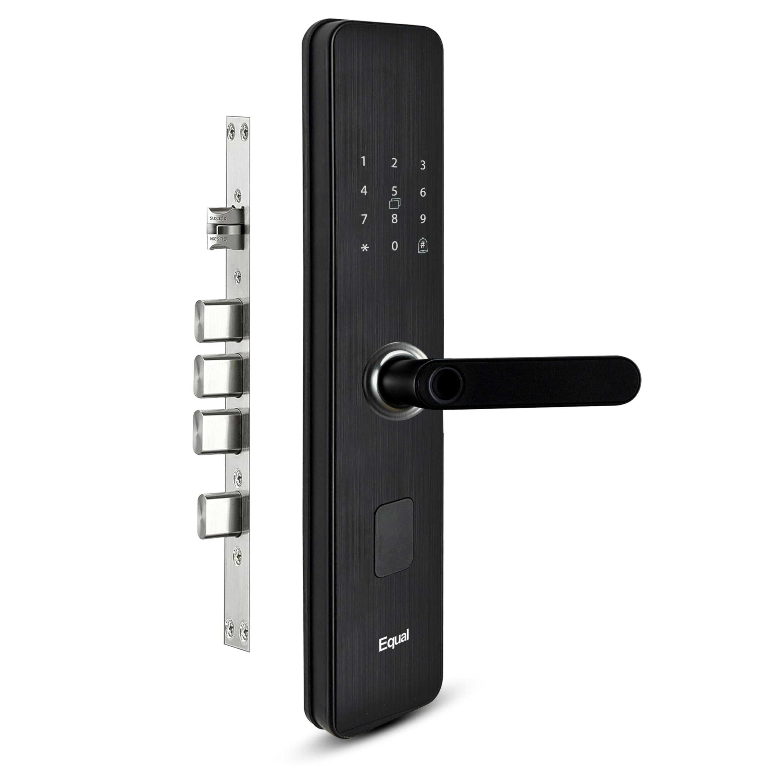 Equal Smart Door Lock A8 | 4-Way Unlocking | Fingerprint, Pincode, RFID Access Card, Mechanical Key for Wooden Doors | 1 Year Brand Warranty | Matte Black