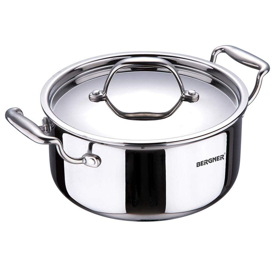 Bergner Argent TriPly Stainless Steel 24 cm Casserole with Stainless Steel Lid, 5.3 LTR Casserole, Stay Cool Cast Handle, Food Safe, Durable, Dishwasher Safe, Induction and Gas Ready, 5-Year Warranty