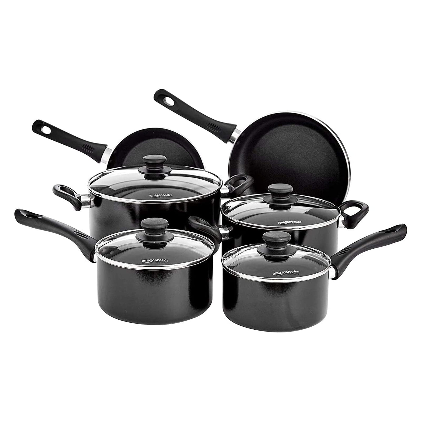 Amazon Basics 6 Piece Non Stick Induction Cookware Set, With Lids,Aluminium - black