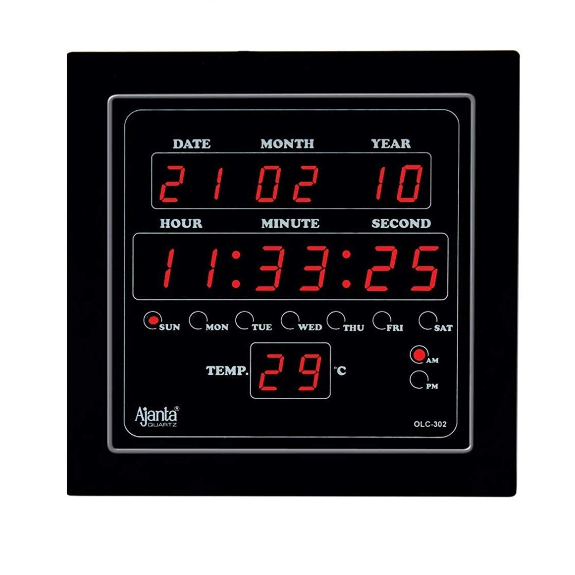 Ajanta Quartz Quartz Digital Red Led Sqare Wall Clock Olc - 302 (25.4 Cm X 25.4 Cm X 3.5 Cm, Plastic)