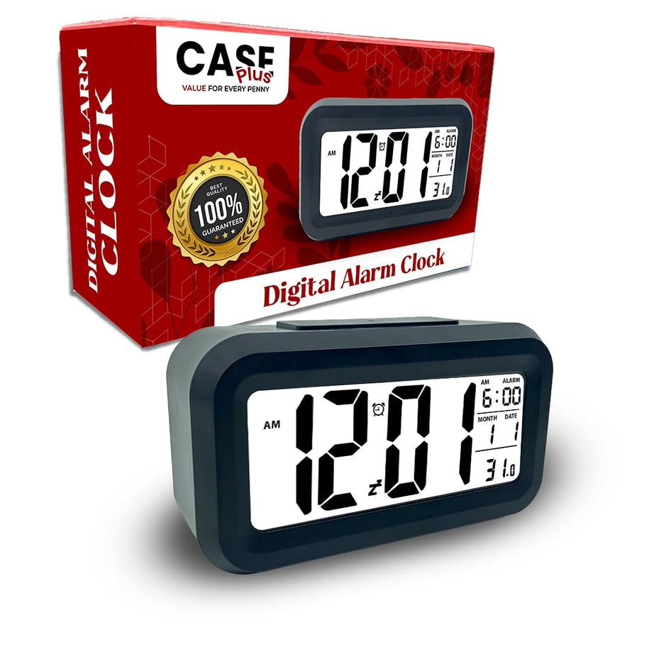 Case Plus Digital Smart Backlight Battery Operated Alarm Table Clock With Automatic Sensor, Date & Temperature Alarm Clock For Students (Black) - Plastic, 13 Cm, 10 Cm