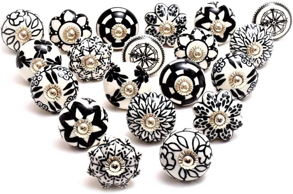 ALV Ceramic Knobs for Cabinet Assorted Pottery Drawer Door Knobs for Drawers and Pulls Handle for Kitchen Cabinets Home Interior Decor (Black and White) Set of 12