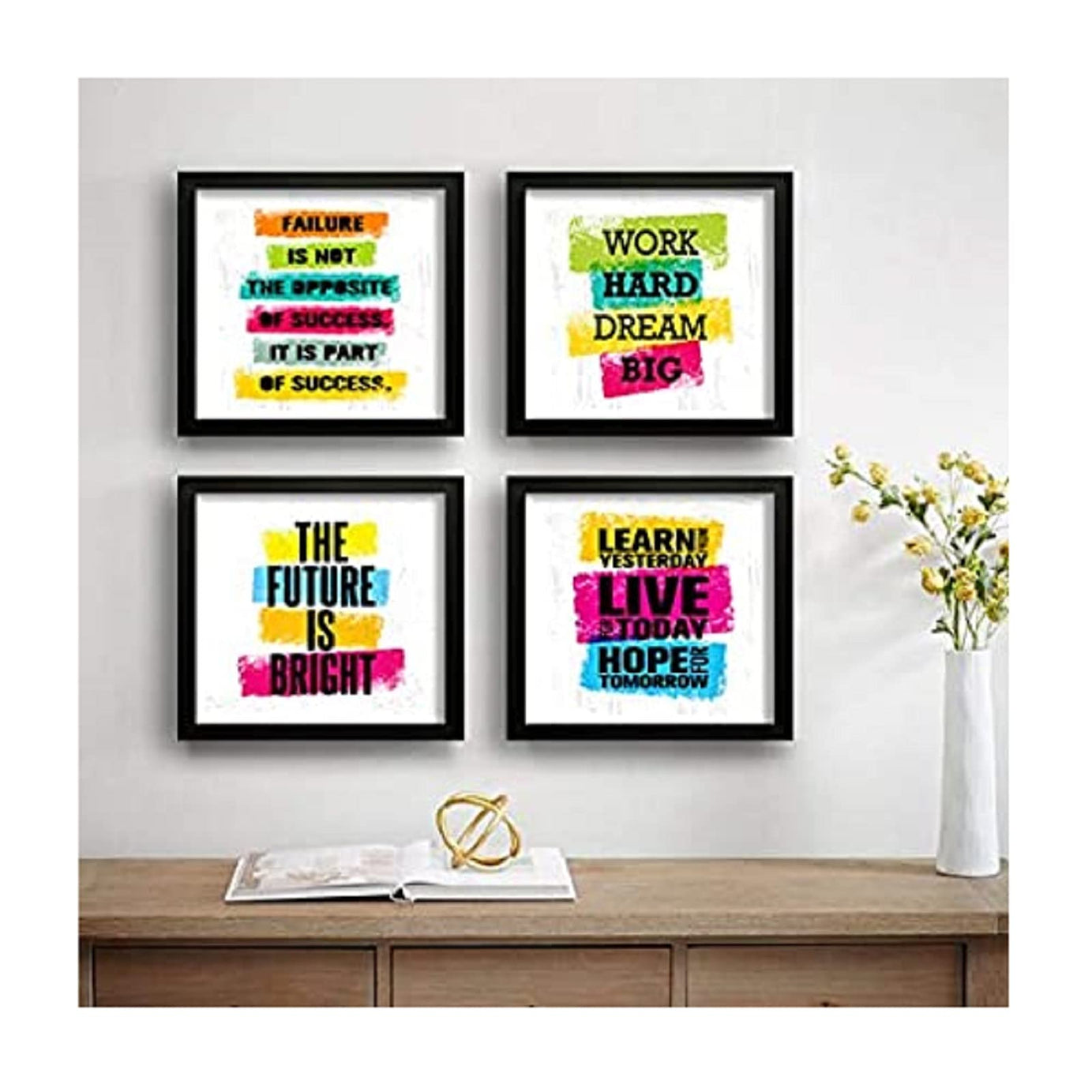 SAF Synthetic Set Of 4 Work Hard Dream Big Motivational Uv Coated Home Decorative Gift Item Framed Alphabets Painting 19 Inch X 19 Inch Saf_Set4_26, Multicolour, Standard