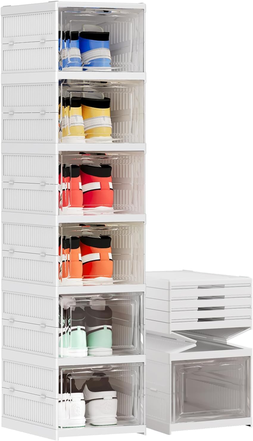 HOLLIO Shoe Rack For Home,Plastic Shoe Boxes with Lids, Stackable Installation Free Shoe Storage Bins Drawers, Shoe Stand Storage Organiser for Sneakers,Trainers,Hallway,Under Bed,Women,Men