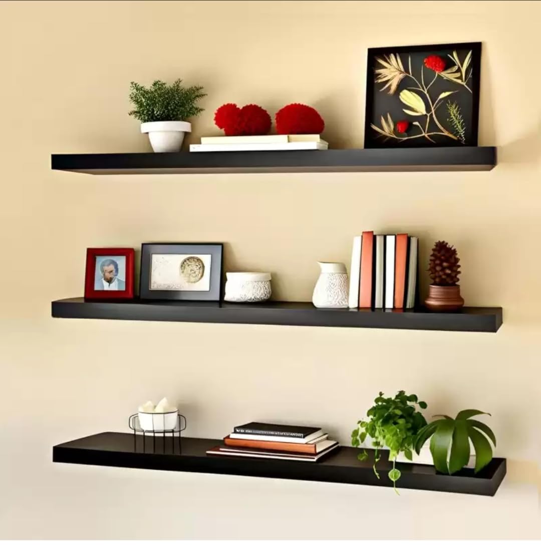 Floating Shelves, 17 Inch Wall Shelf Set of 3, Rustic Wood Shelves for Wall Storage, Wall Mounted Wooden Display Shelf for Bathroom Bedroom- Brown