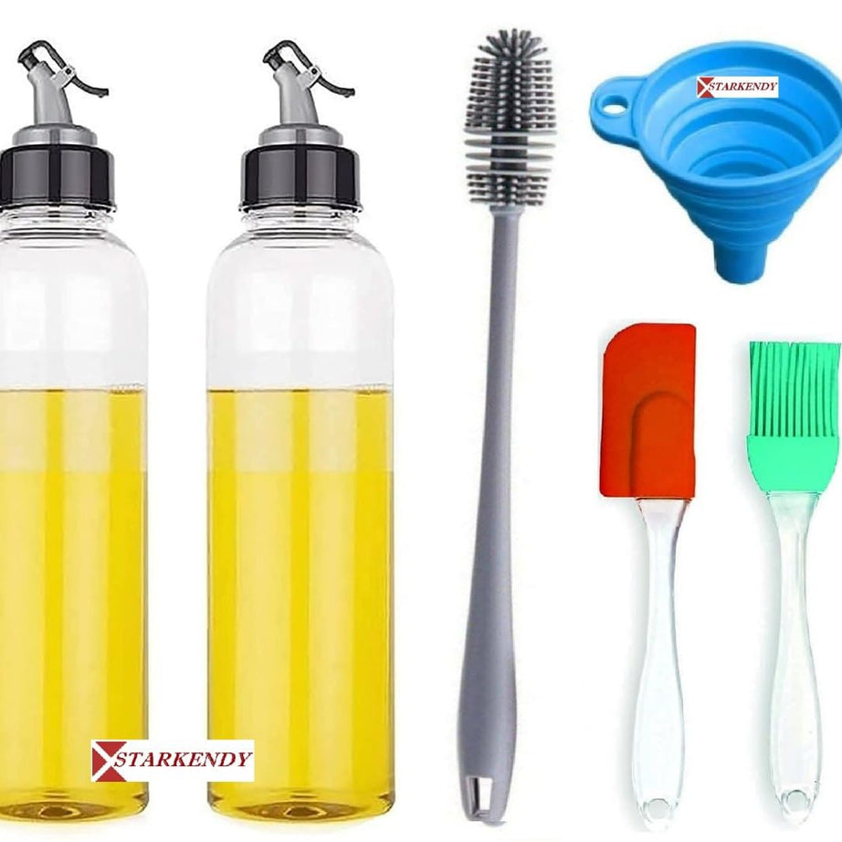 Plastic 1000ml Oil Dispenser For Kitchen, Oil Can & Oil Pourer For Kitchen With Silicone Funnel (2 Oil Bottle + 1 Silicone Funnel + 1 Cleanning Brush + 1 Spatula Brush Set)