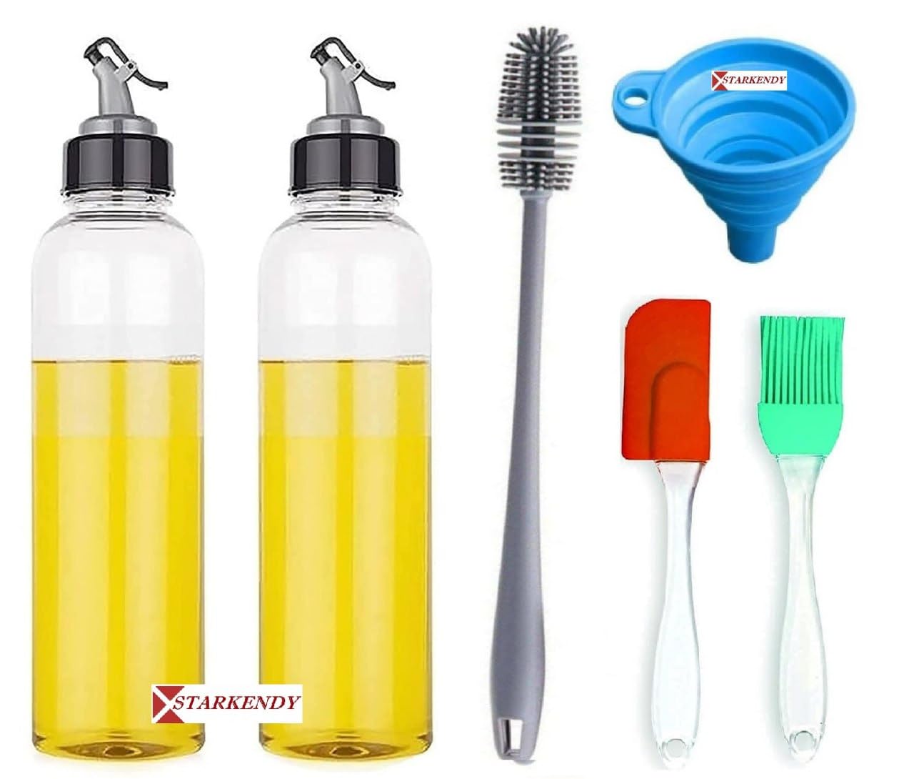 Plastic 1000ml Oil Dispenser For Kitchen, Oil Can & Oil Pourer For Kitchen With Silicone Funnel (2 Oil Bottle + 1 Silicone Funnel + 1 Cleanning Brush + 1 Spatula Brush Set)