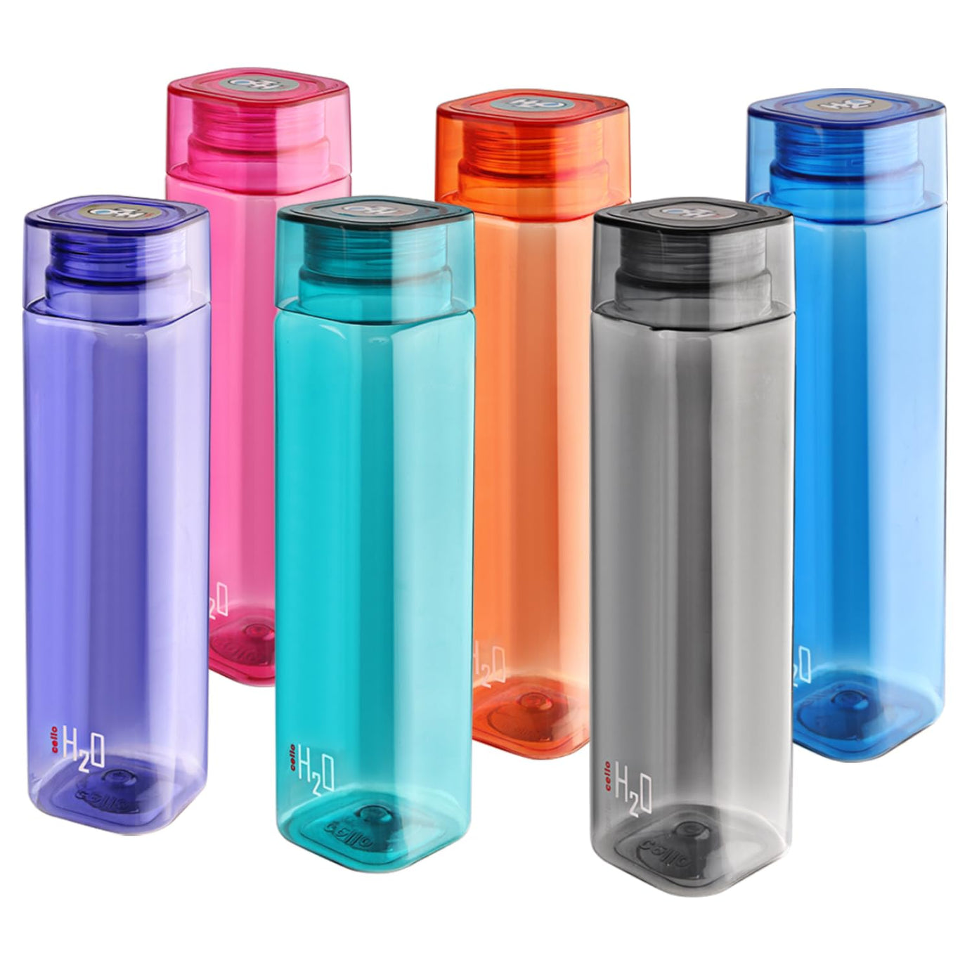 CELLO H2O Squaremate Plastic Water Bottle | Lid is sealed by a silicone ring | Leak proof & break-proof |Best Usage for Office/School/College/Gym/Picnic/Home/Fridge | 1 Liter | Assorted, Set of 6