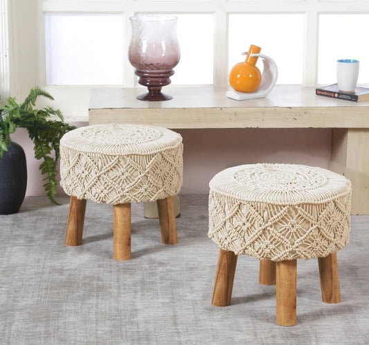 BOHOME CRAFT Wood Macramme Ottoman Pouffes Stool Combo for Living Room Sitting Wooden Ottoman Stools Upholstered Puffy Stool and Footstools Footrest (16 Inch, Off White)