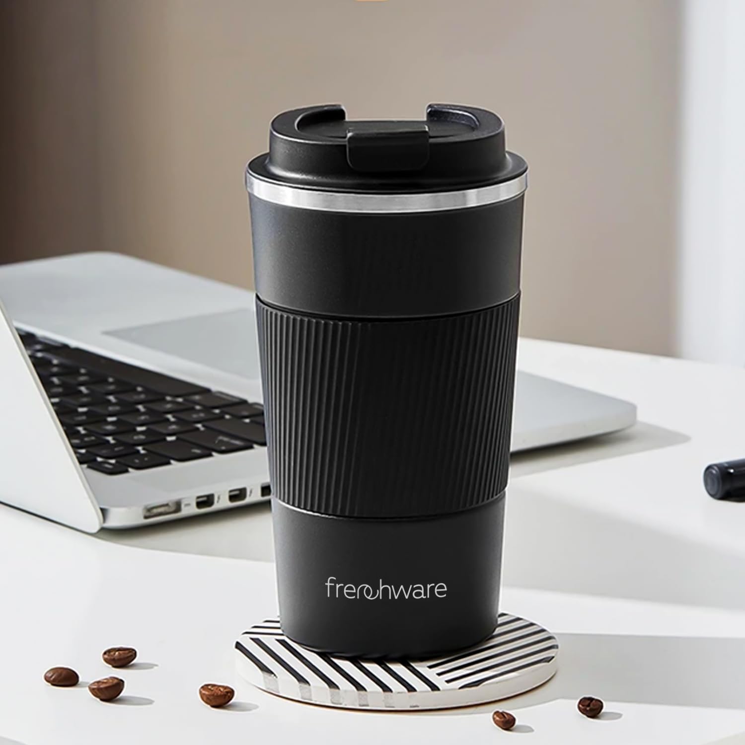 Frenchware Vacuum Insulated Mug (510 ml, Black), Travel Coffee Mug with Leakproof Lid, Reusable for Hot & Cold Coffee Water Tea, 3 Hours Hot & 8 Hours Cold, Non-Slip Protective Cover