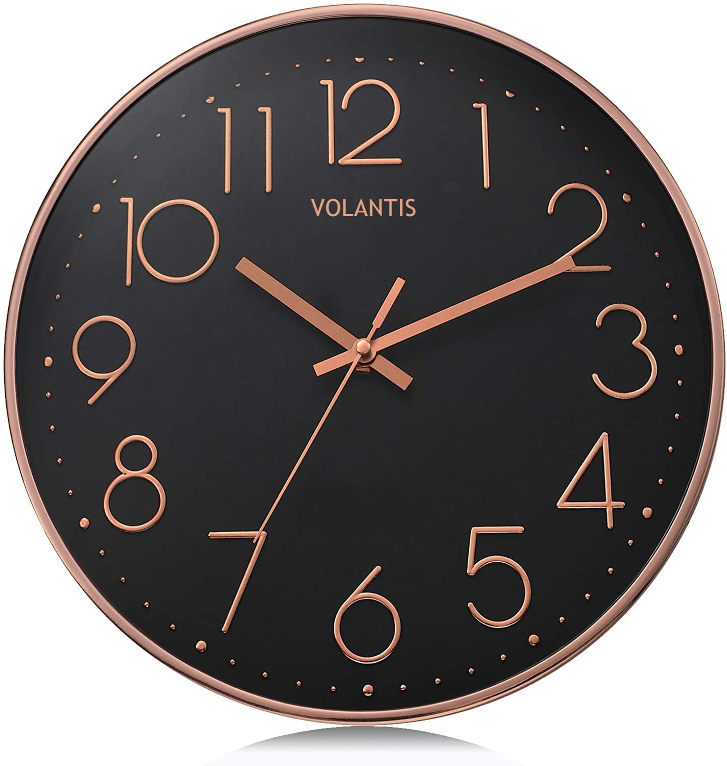 VOLANTIS 12 Inch Modern Plastic Stylish Non Ticking Silent Analog Wall Clock for Home, Living Room, Bedroom, Office, and Kitchen (Black & Rose Gold)