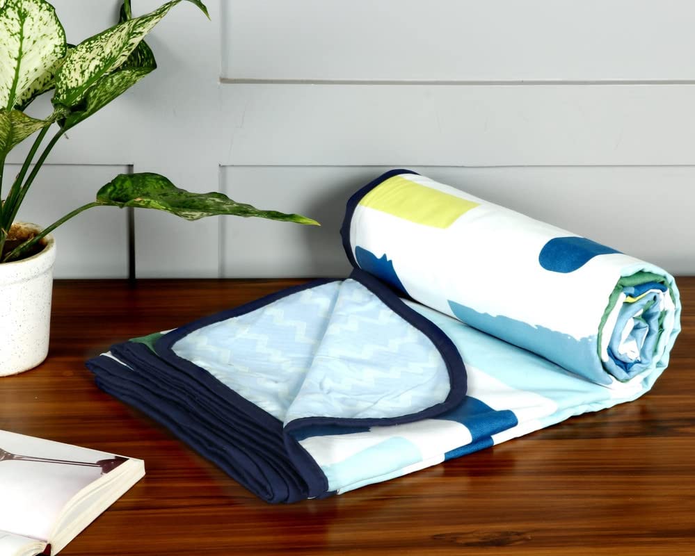 BSB HOME Pure Cotton 120 GSM Reversible Soft Lightweight Printed Single Bed Blanket/AC Dohar/Skin Friendly Dohar-152 x 225 cm-Blue Green & Yellow