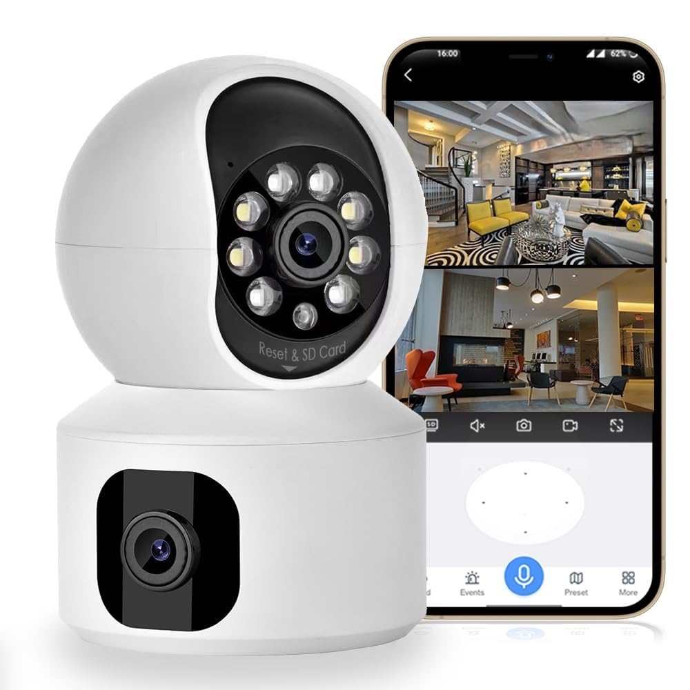 FINICKY-WORLD Dual Lens WiFi IP 360° Camera 1920 X 2160 Full HD 3mp AI (Upgraded) CCTV Night Vision Motion Sensor Two-Way Audio Micro SD Card Upto 128GB Monitor Nanny Security Indoor White