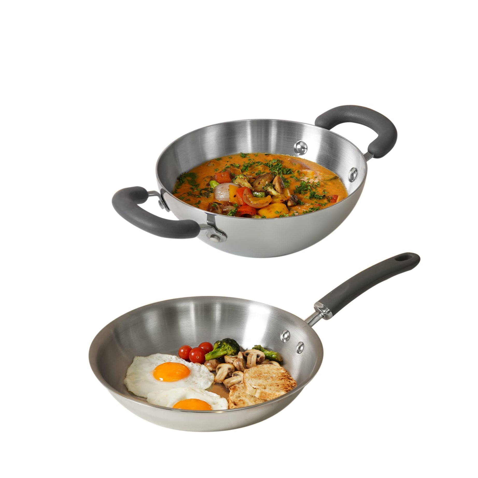 Meyer Trivantage Nickel Free Stainless Steel 3 Piece Cookware Set | Triply Cookware Set with Heavy Bottom | Induction base cookware set - 20cm Frying Pan + Kadai with Interchangeable Lid, Silver