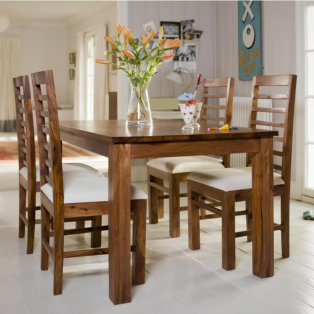 HANDWOOD FURNITURE Premium Sheesham Wood Dining Table(45x30) with 4 Chairs | 4 Seater Dining Set | Wooden Dining Table with Chair | Dining Room Furniture | Honey Finish with Cream Cushions