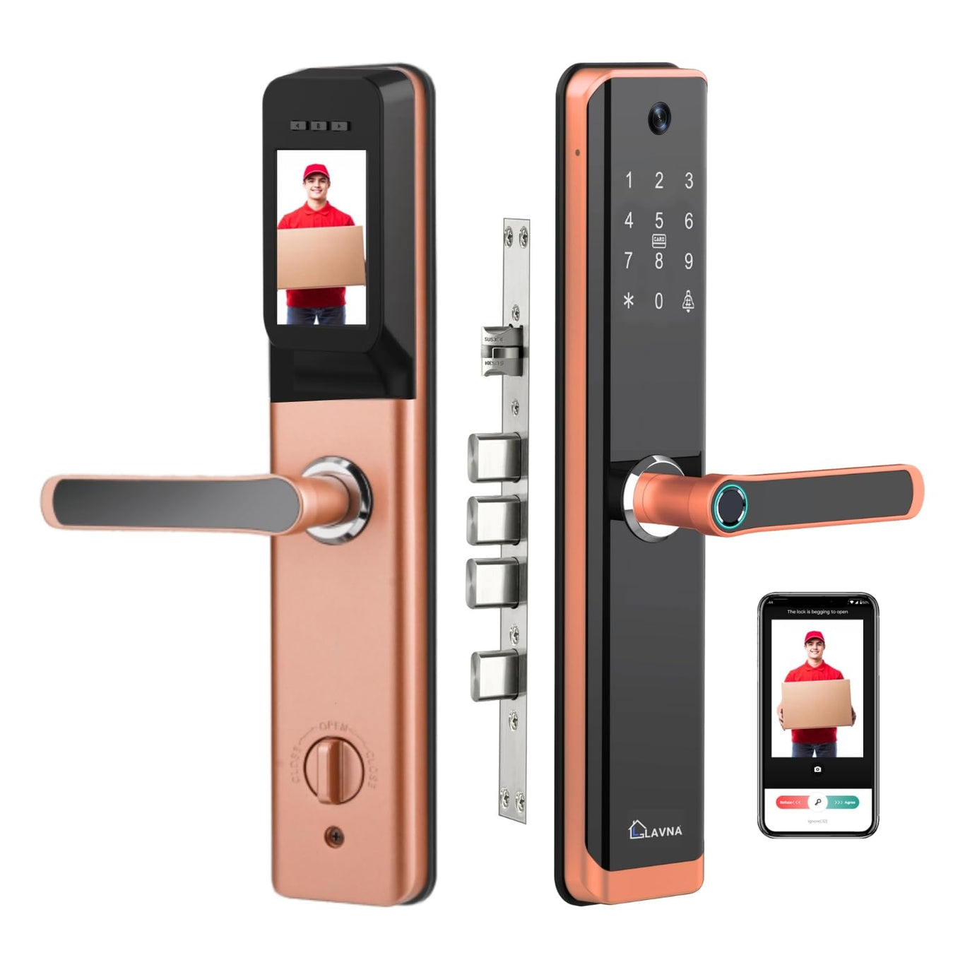 LAVNA Digital Smart Door Lock with Camera, Fingerprint, WiFi + Bluetooth, Mobile App, OTP, PIN, RFID Card and Manual Key Access for Wooden Doors (LA24) (Camera + WiFi + Bluetooth)