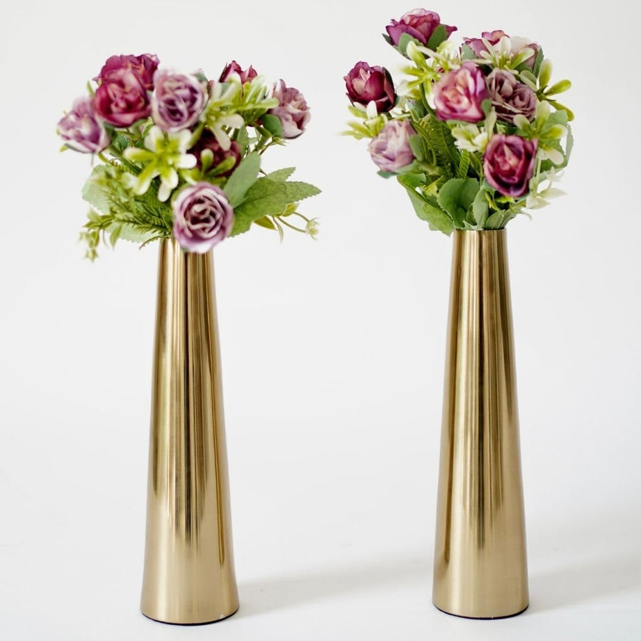 Behoma Golden Metal Slim Cone Flower Vase for Home Decor Bedroom Living Room Office Wedding | Table Decorative Item for Festivals Birthday (Flower Not Included) Small (Set of 2)