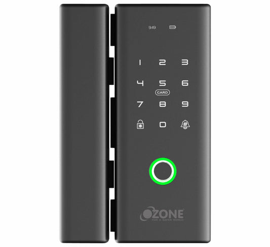 Ozone RFID Fingerprint Glass Door Lock with Remote and Mobile Application, Passage Mode | Anti-Theft Password | Automatic Locking | Smart Freeze (for Glass to Glass Lock)