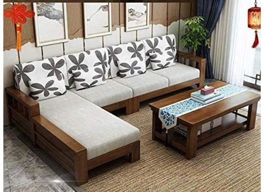 Mahimart And Handicrafts Sheesham Wood Sofa Set For Living Room | Wooden Sofa Set - L Shape Sofa | Corner Sofa With Center Table - Available In Dark Honey Finish (Brown) - 7 Seater