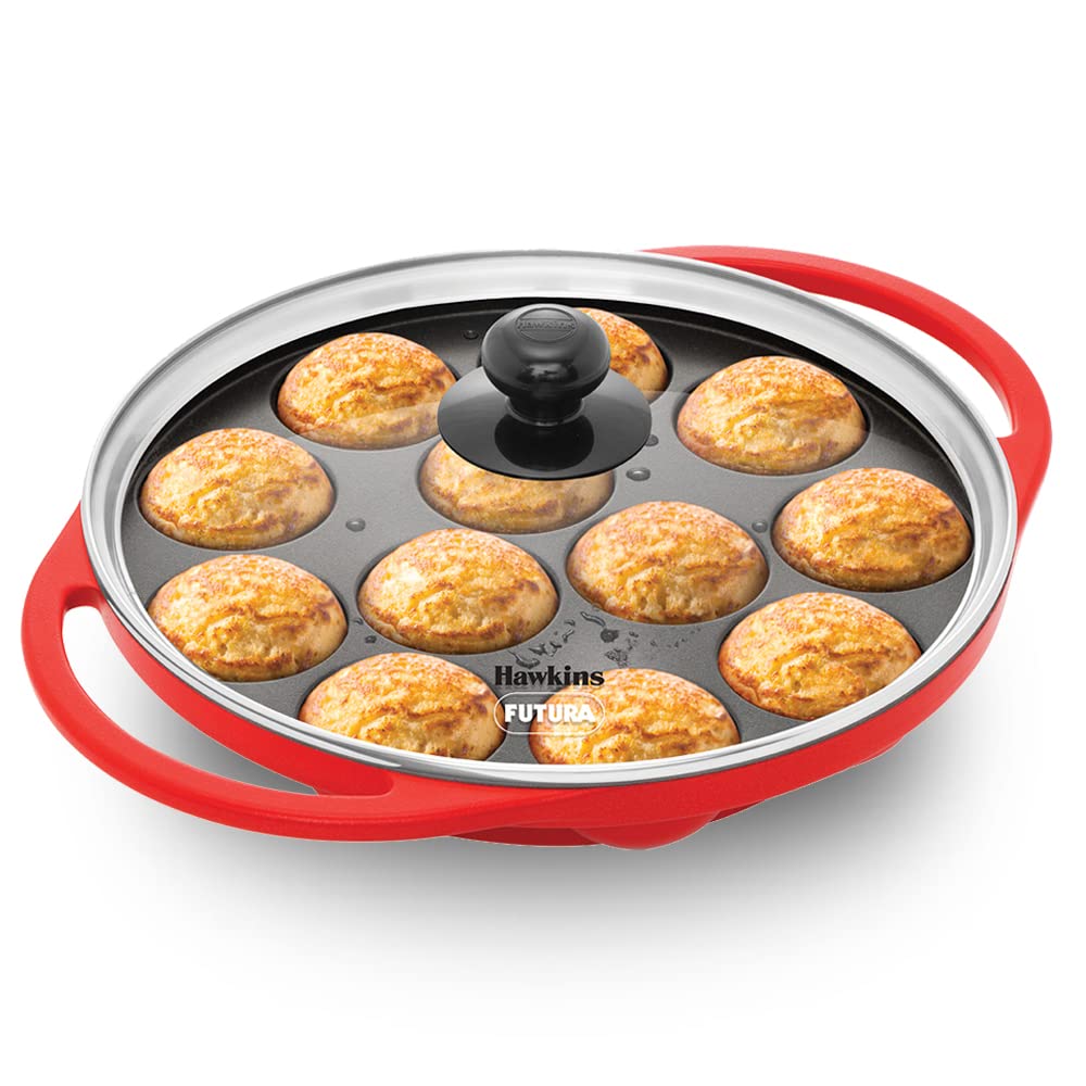 Hawkins 26 cm Appe Pan, Non Stick Paniyaram Pan with Glass Lid, 12 Cups Paniyarakkal Ceramic Pan, Litti Pan, Kuzhi Paniyaram Pan, Ponganalu Pan, Red (NAPE26G)