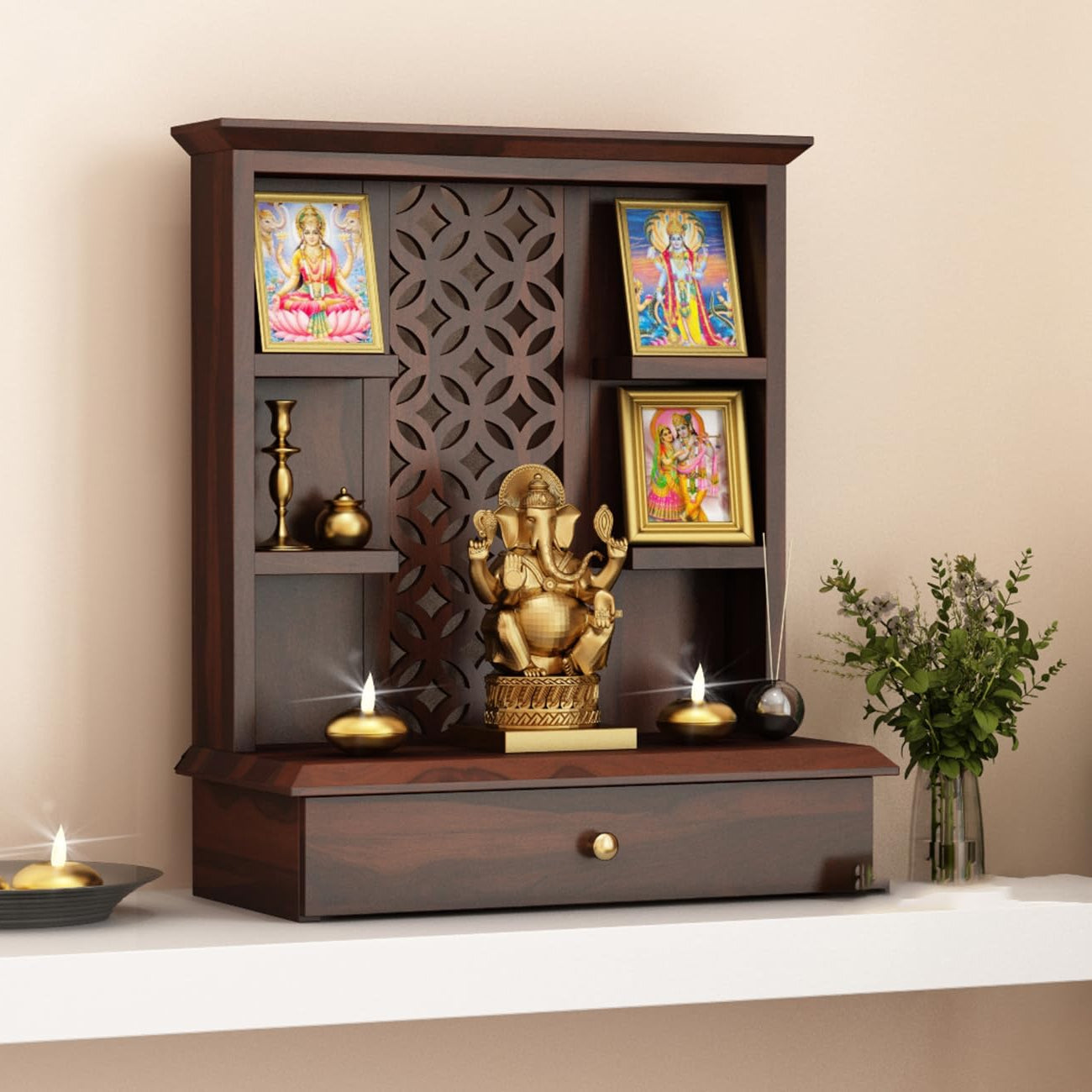 ONIJA Ivara Home Temple Wooden Puja Mandir Pooja Stand for Home and Office Wall Mandir for Home Temple for Home and Office (Walnut)