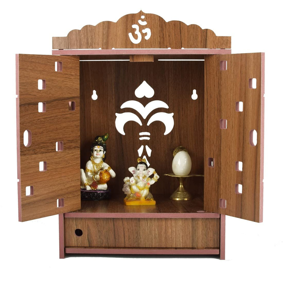 Lakhaji Handmade Beautiful MDF Wooden Home & Office Temple, Pooja Mandir, Wall Hanging and Table Top Home Temple with foldable design and LED Light (brown-2)