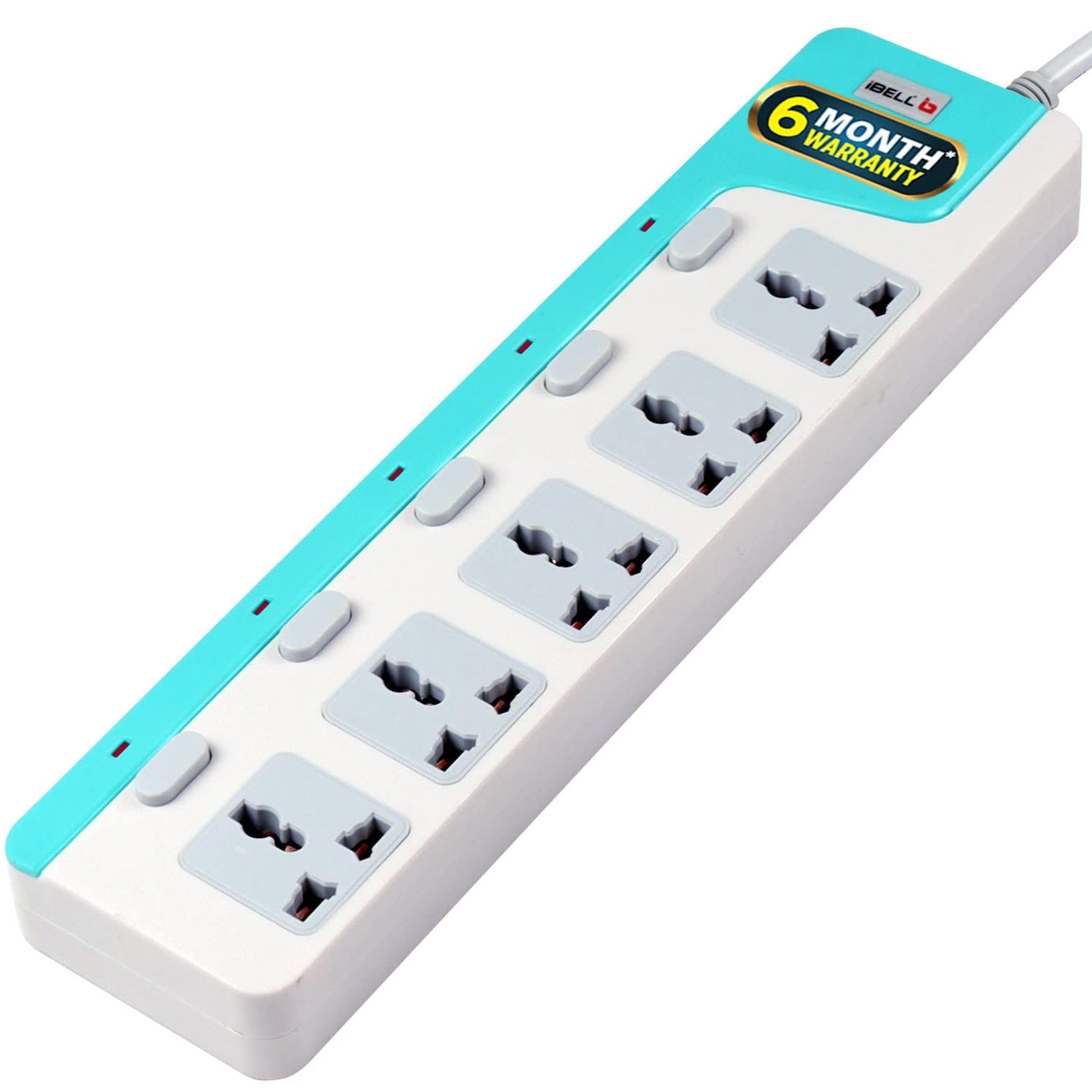 IBELL Sg505X5 5 Way Extension Cord/Board, Multi Socket Spike Guard, 2500W, 10A with 5 Meter Cord Length, Individual Switch, Led Indicator, 250 Volts