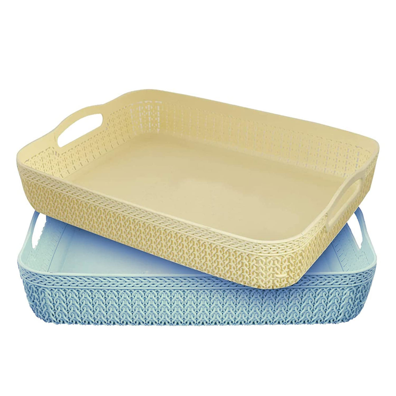 Kuber Industries Q-3 Unbreakable Plastic Flexible Storage Baskets with Handles|Wovan Design & Flexible Plastic Material|Size 26 x 20 x 7 CM|Pack of 2 (Multi)