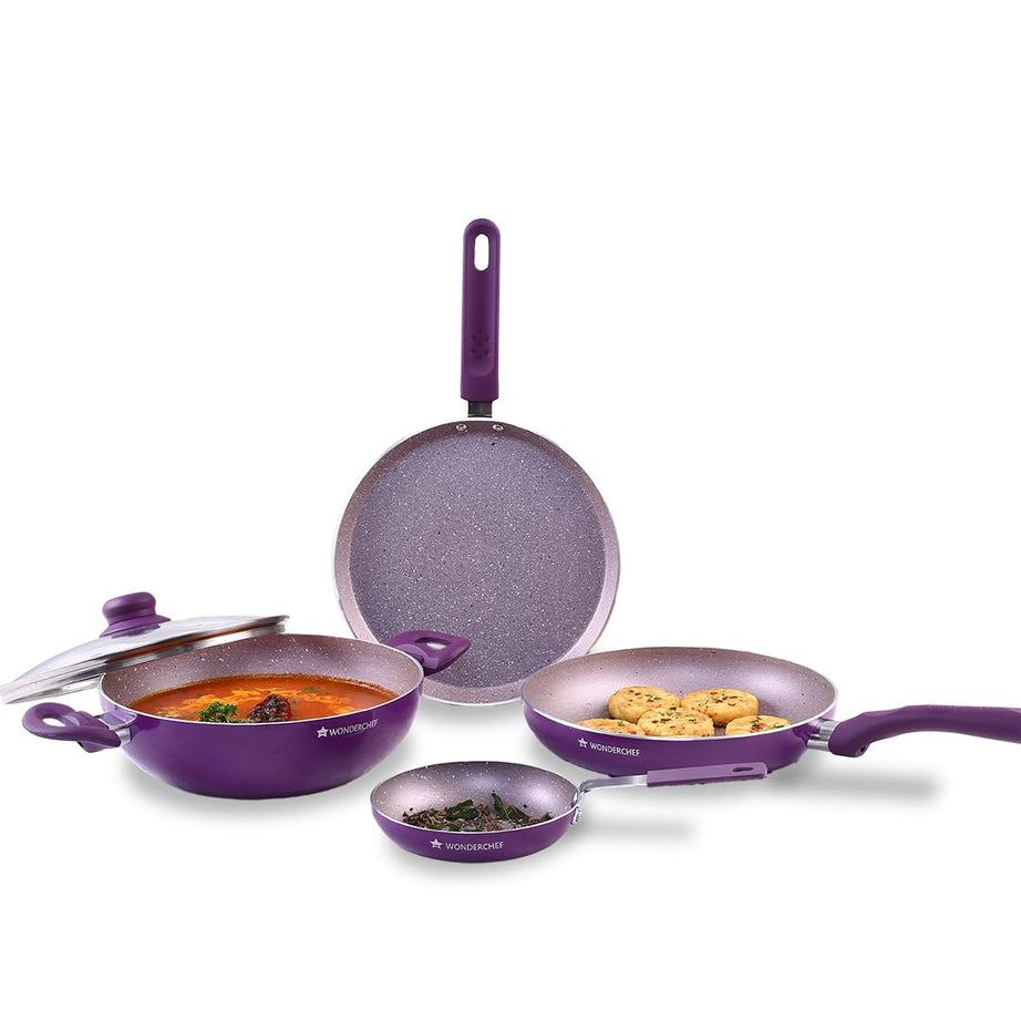 Wonderchef Royal Velvet Non-stick 5-pcs Cookware Set Fry Pan with Lid, Kadhai, Dosa Tawa, Mini Fry Pan|Induction Ready|Soft-touch handles|Non Toxic IVirgin Aluminium|3 mm thick|2 years warranty|Purple