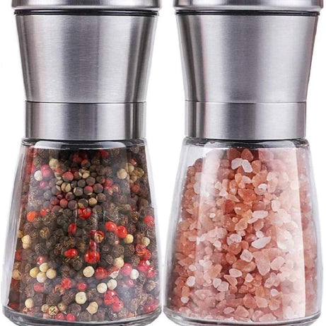 Dravina Salt & Pepper Shaker | Premium Glass & Stainless Steel Container | Refillable Containers with Adjustable Grinders | Masala Container for Kitchen (Set of 1 & 2) (Small Pack of 2, 2)